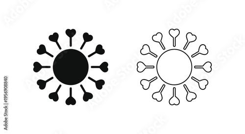 Two circular virus icons one solid and one outline black and white silhouette