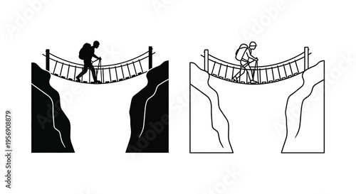 Hikers carefully crossing a rope bridge between cliffs black and white silhouette