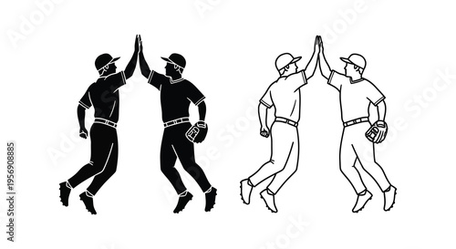American Baseball players celebrating with a high five a striking black silhouette