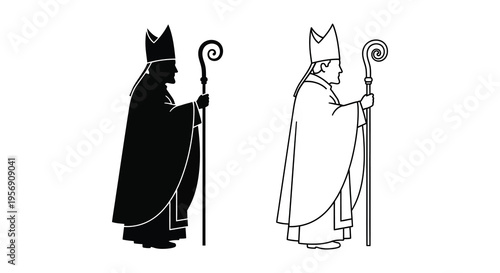 Two bishops with croziers presented as contrasting black and white silhouettes