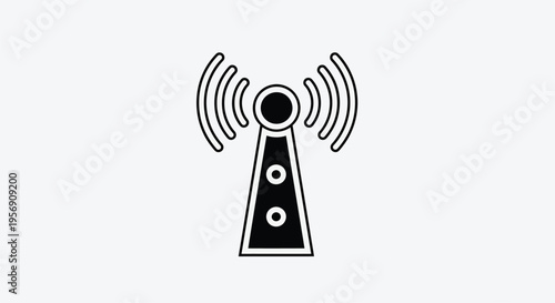 Simple black and white illustration of a radio tower with antenna waves