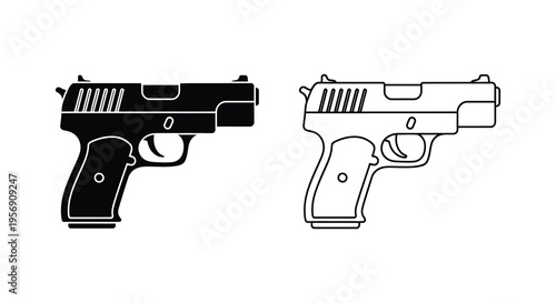 Two handgun illustrations one filled and one outline in a stark style silhouette