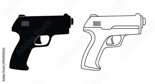 Two futuristic ray guns one solid black one outlined a striking silhouette