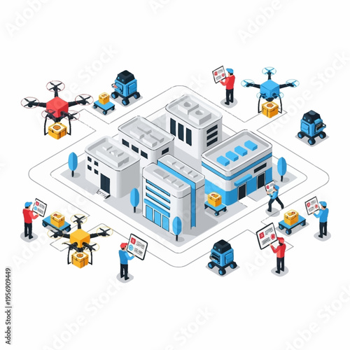 Modern Logistics Hub with Drones and Robots.