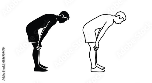 Two depictions of a man bending over one as a stark silhouette