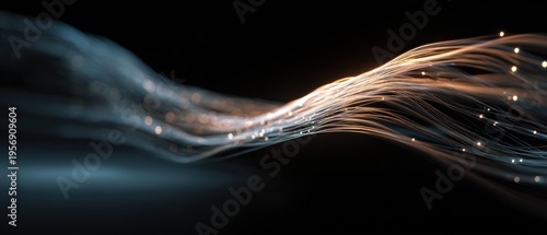 Abstract flowing lines with glowing particles on dark background digital design