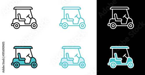 Golf cart side view icon for golf course transport and club services in line and fill style