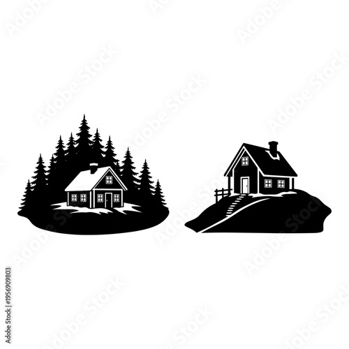 Two rustic houses set in contrasting forest and hillside environments Vector, illustration