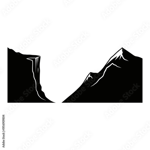 A stark contrast between a steep cliff and a rugged mountain peak against a plain background Vector, illustration