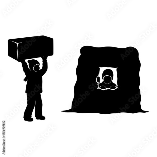 A person struggling to carry a large box while another seems trapped in a pile of fabric. Vector, illustration