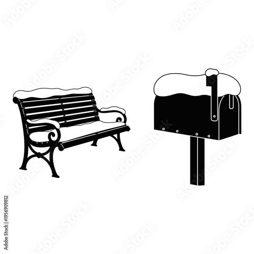 Classic bench and mailbox covered in winter snow Vector, illustration