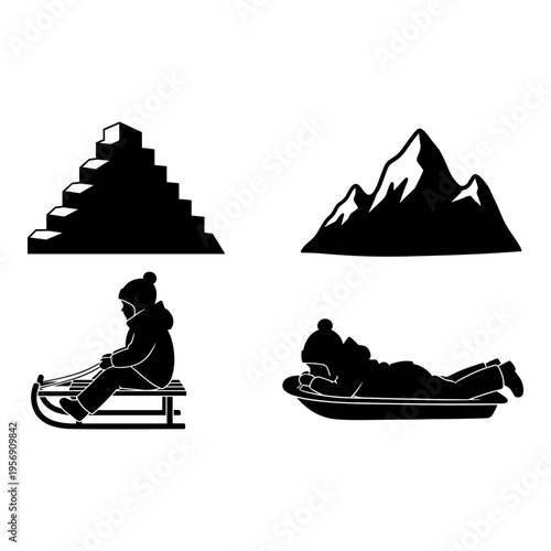 Winter activities with sleds against a snowy mountain backdrop Vector, illustration