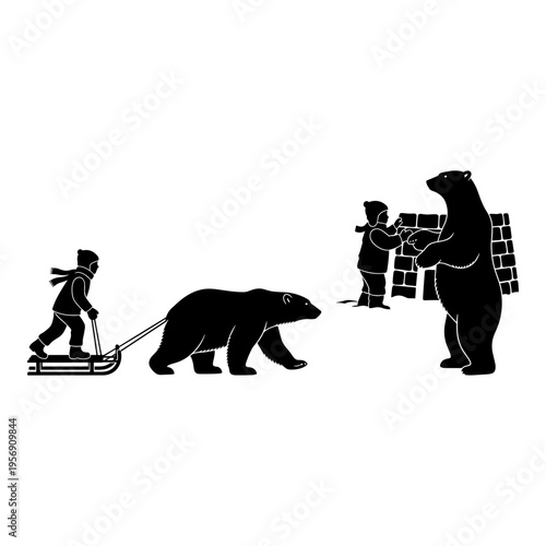 Whimsical winter scenes featuring bears and children in playful activities Vector, illustration