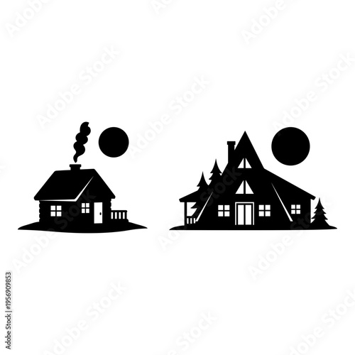 Contrasting styles of traditional and rustic houses under the moonlight Vector, illustration