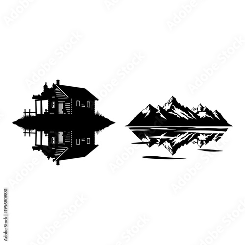 Reflections of a cabin and mountain peaks in a tranquil lake Vector, illustration