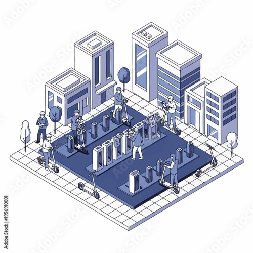 Urban Mobility Hub with Electric Scooters and Pedestrian Access.