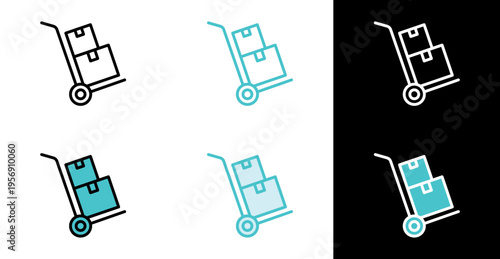 Hand truck dolly with boxes icon for moving and warehouse handling in line and fill style