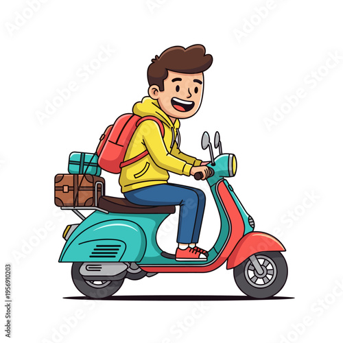 Man on teal motor scooter carrying luggage and backpack cartoon vector illustration