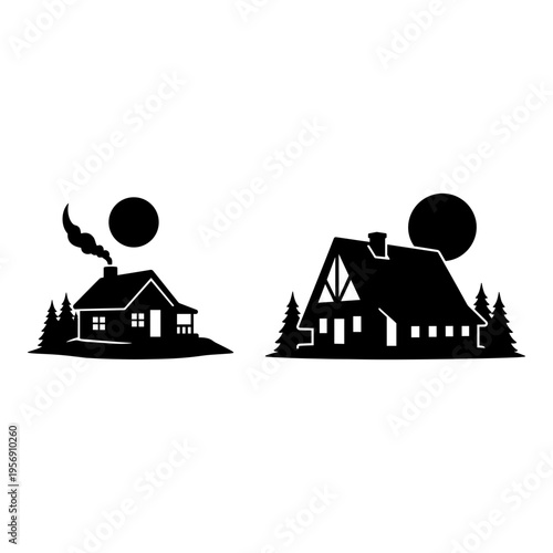 Contrasting architectural styles of two houses under the moonlit sky Vector, illustration