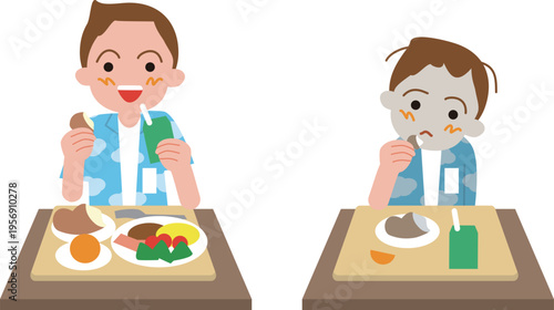 日本の小学生の給食。バランスの良い給食とパンと牛乳だけの給食を食べる男子のイラスト。