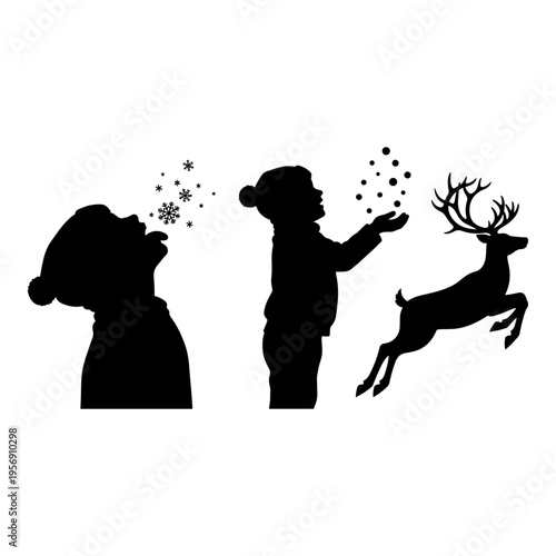 Whimsical silhouettes of a child, reindeer, and winter-themed figures sharing magical elements Vector, illustration