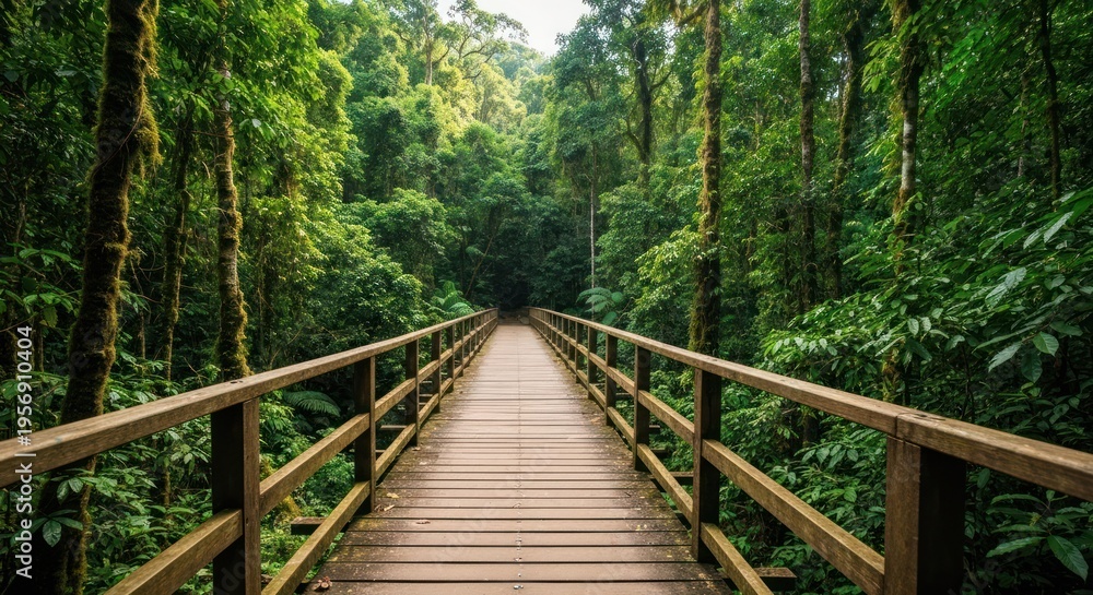 Fototapeta premium Wooden bridge stretches through lush, dense rainforest canopy with sunlight filtering down
