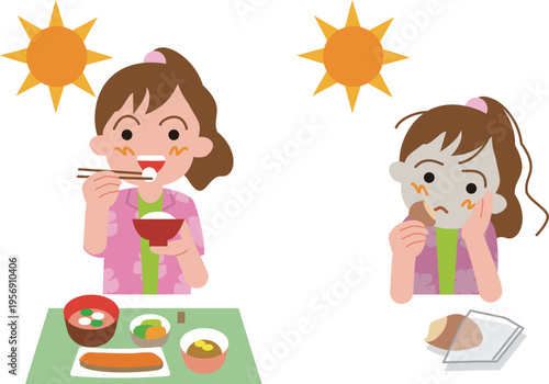 日本の小学生の朝食。バランスの良い和食と菓子パンだけの食事をする女の子のイラスト。