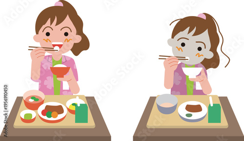 日本の小学生の給食。バランスの良い米飯給食とご飯と汁物、牛乳だけの給食を食べる女子のイラスト。