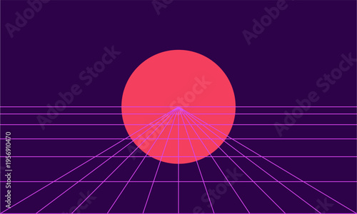 Retro synthwave background with a large pink sun and purple wireframe grid landscape reflecting eighties electronic music design