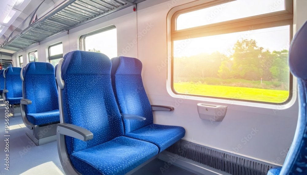 Fototapeta premium Empty train seats with sunlight entering through window