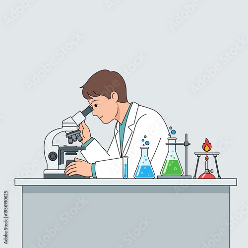 Scientist looking through microscope in laboratory with colorful liquids and burner