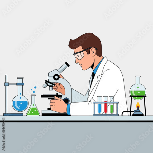 Scientist looking through microscope in laboratory with colorful liquids and equipment