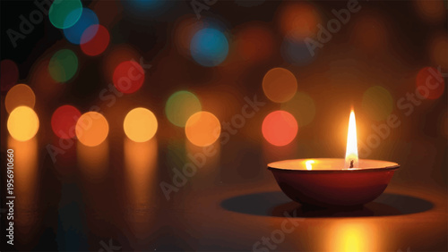Vector illustration of a single lit diya lamp with colorful lights