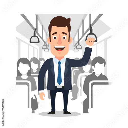 Smiling Businessman Commuting on Public Transport Bus or Train Vector Illustration