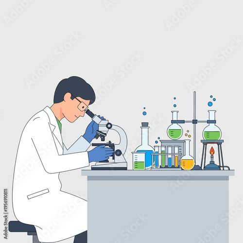 Scientist in Lab Coat Examining Sample Under Microscope, Chemistry Lab Equipment