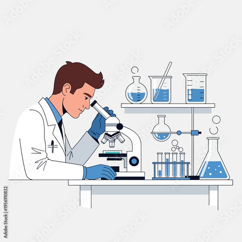 Scientist in Lab Coat Using Microscope with Beakers and Test Tubes