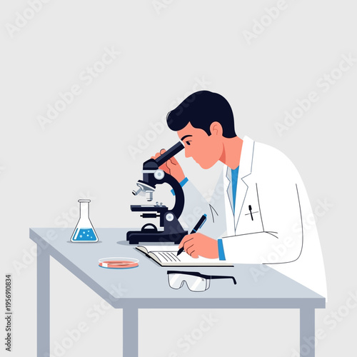 Scientist in lab coat observing sample under microscope, taking notes on research