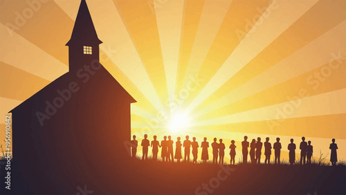 Vector silhouette of people standing in front of church at sunset