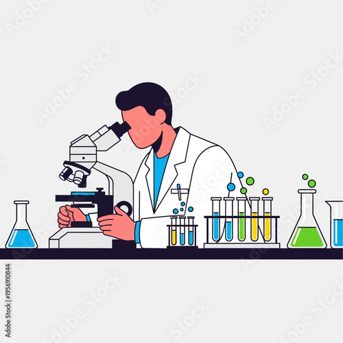 Scientist in lab coat using microscope with colorful test tubes and beakers, science research concept