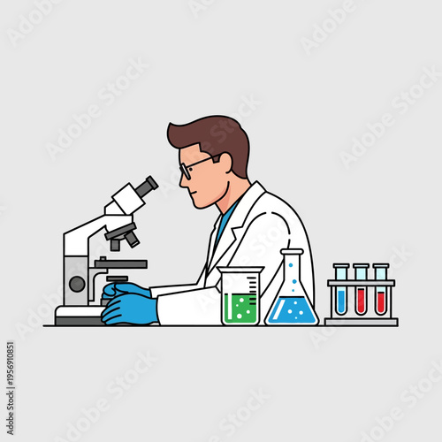 Scientist in lab coat using microscope with colorful liquids in beakers and test tubes