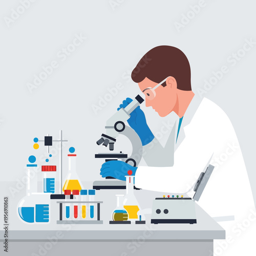 Scientist in lab coat using microscope, conducting research with lab equipment and colorful liquids