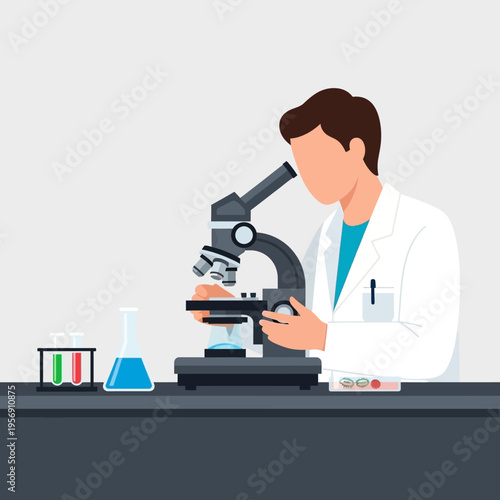 Scientist in lab coat using microscope, conducting research with test tubes and beaker