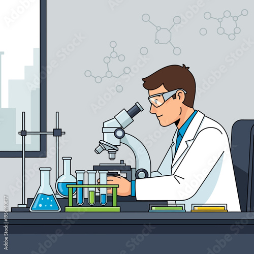 Scientist in lab coat using microscope, conducting research with test tubes and beakers