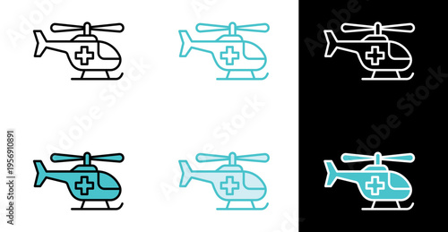 Medical helicopter with cross icon for emergency rescue service in line and fill style