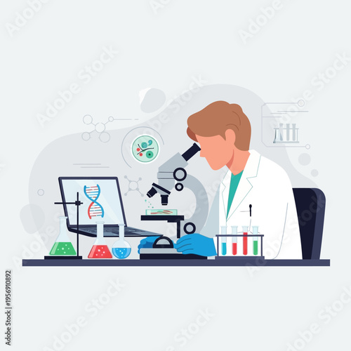 Scientist in Lab Coat Using Microscope, DNA on Laptop Screen, Scientific Research