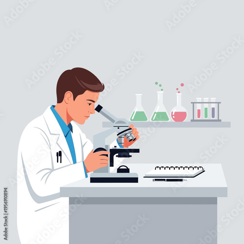 Scientist in lab coat using microscope, conducting research with test tubes and flasks in background