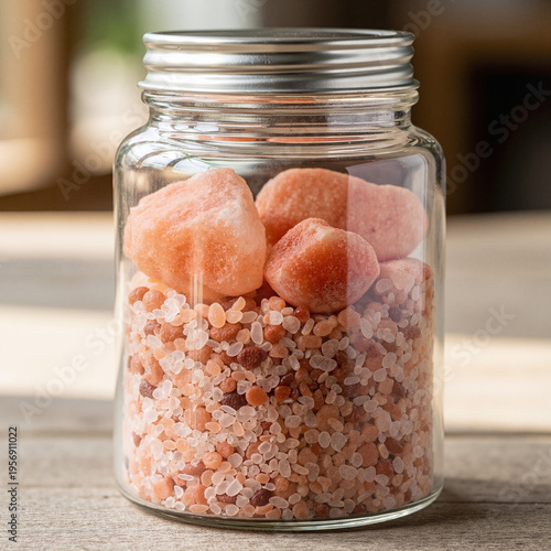 Pink salt in glass jar with large and fine grains on wooden table  