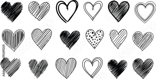 Sketch Style Heart Collection with Hand Drawn Love Symbols Doodle Hearts Set for Valentine Cards Romantic Design Elements and Vector Illustration