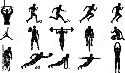 Sports Activity Silhouette Set with Athletes Running Cycling Weightlifting Football Training Exercises and Fitness Workout Poses for Vector Illustration Collection