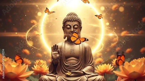 Buddha Purnima, Buddha statue meditation, floral background